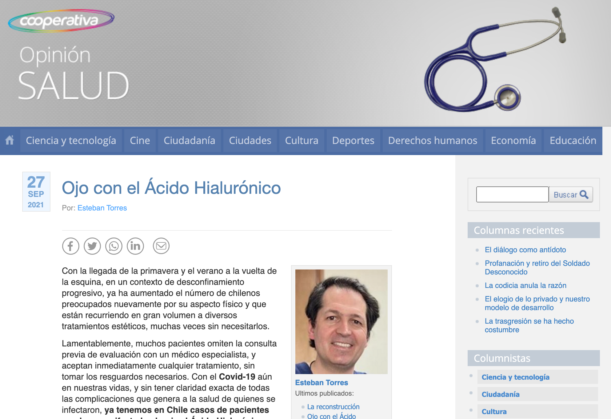 Doctor Esteban Torres aconseja sobre el Ácido Hialurónico en Cooperativa - Dr. Esteban Torres Cirujano Plástico Acreditado Doctor Esteban Torres aconseja sobre el Ácido Hialurónico en Cooperativa - Dr. Esteban Torres Cirujano Plástico Acreditado