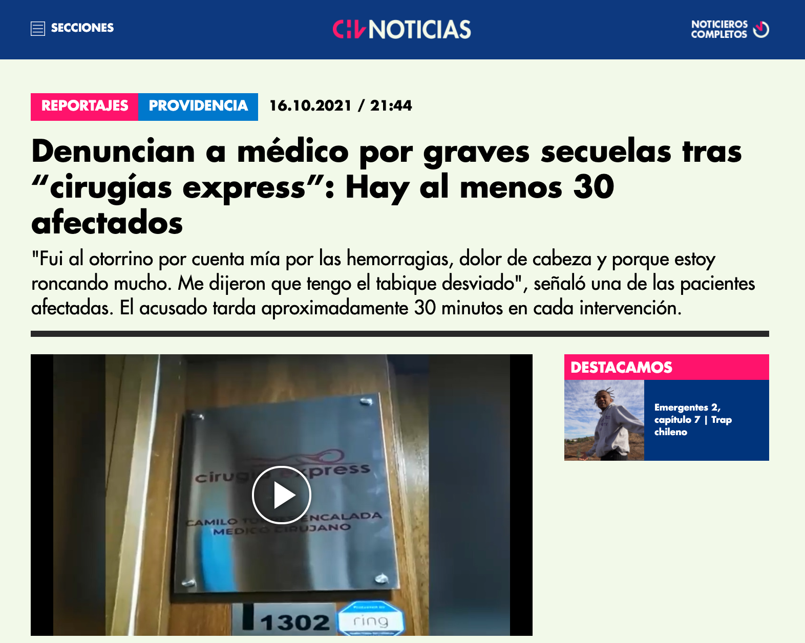 Doctor Torres habla sobre «cirugías express» con Chilevisión, Dr. Esteban Torres