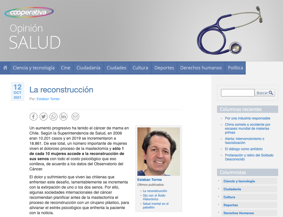 La reconstrucción tras cáncer de mama en Radio Cooperativa - Dr. Esteban Torres Cirujano Plástico Acreditado La reconstrucción tras cáncer de mama en Radio Cooperativa - Dr. Esteban Torres Cirujano Plástico Acreditado